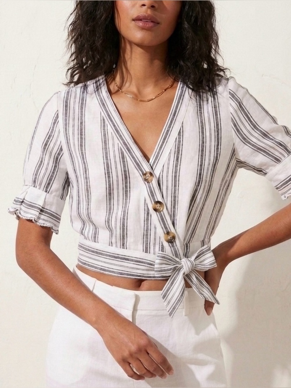 Gypsies & Moondust Striped Wrap Crop Top Black White Tie Front - Size Small